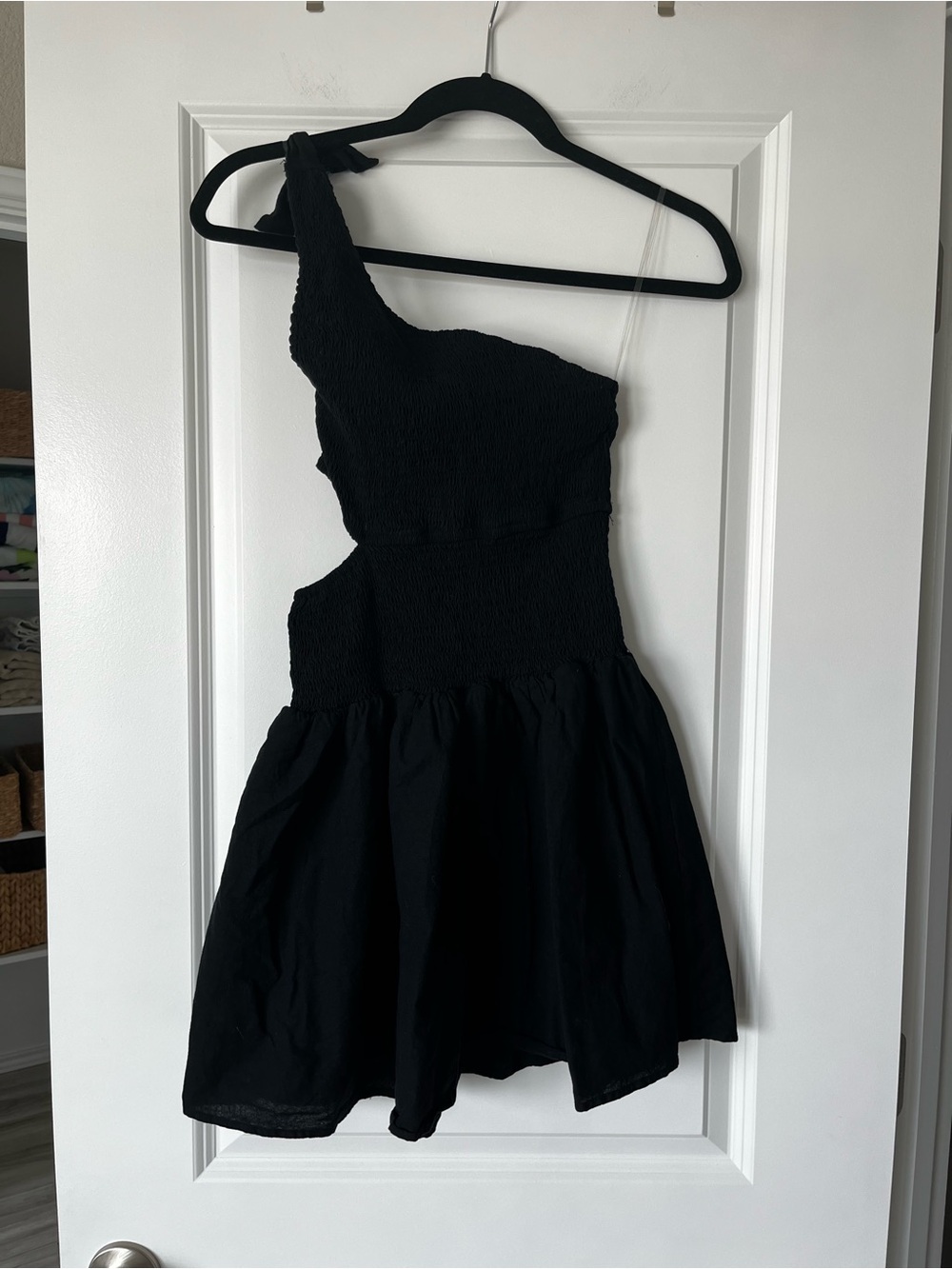 Petal & Pup Black Smocked One-Shoulder Mini Dress